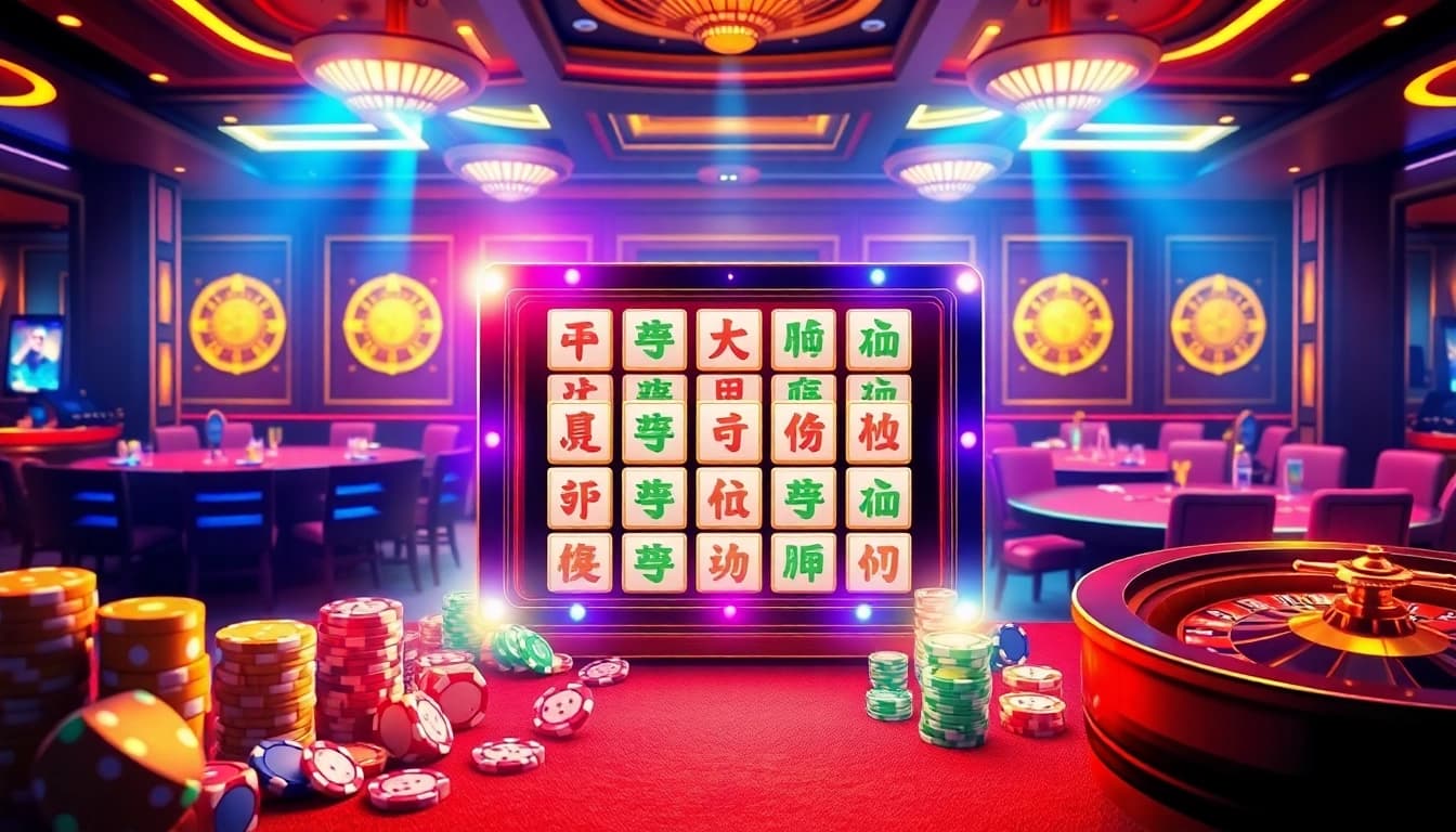 Putar mesin slot Mahjong di tengah dekorasi kasino yang semarak dengan grafis kaya dan atmosfer yang menggugah.