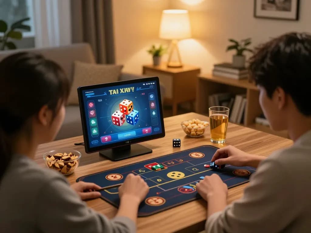 Engaging scene of players enjoying tai xiu online on a mobile app in a cozy home setting, emphasizing relaxation and strategy.