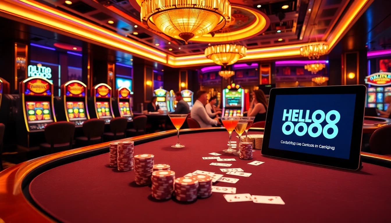 Engage with the excitement at hello88's lively casino scene featuring poker tables and vibrant slot machines.
