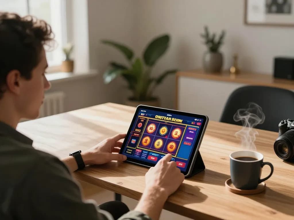 Player engaging with the open88 online casino app on a tablet, showcasing a vibrant gaming atmosphere