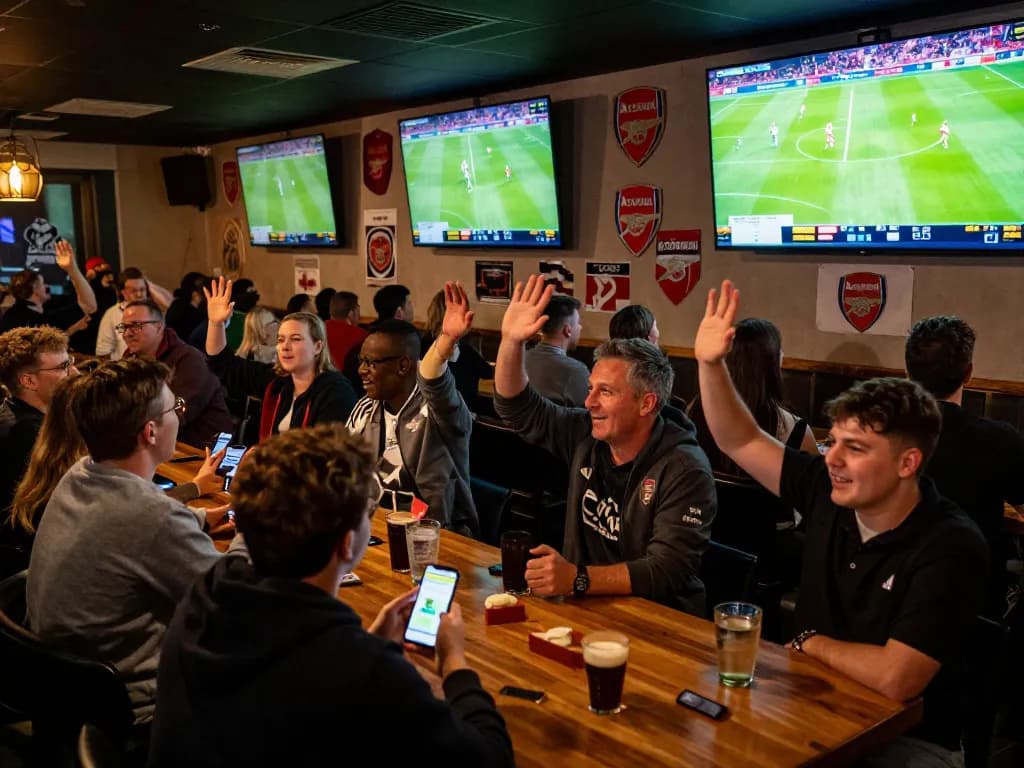 Soi kèo Arsenal predictions shared among friends excitedly watching a match in a vibrant sports bar.