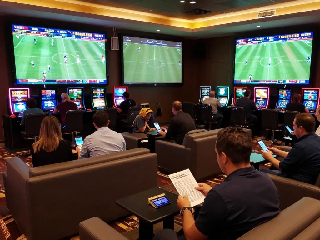 Engaged bettors analyzing kết quả bóng đá at upscale sports betting area in a modern casino.