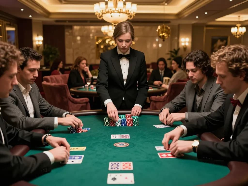 Action in a poker game at https://rr88co.net/ with players analyzing hands and chips stacked on the table