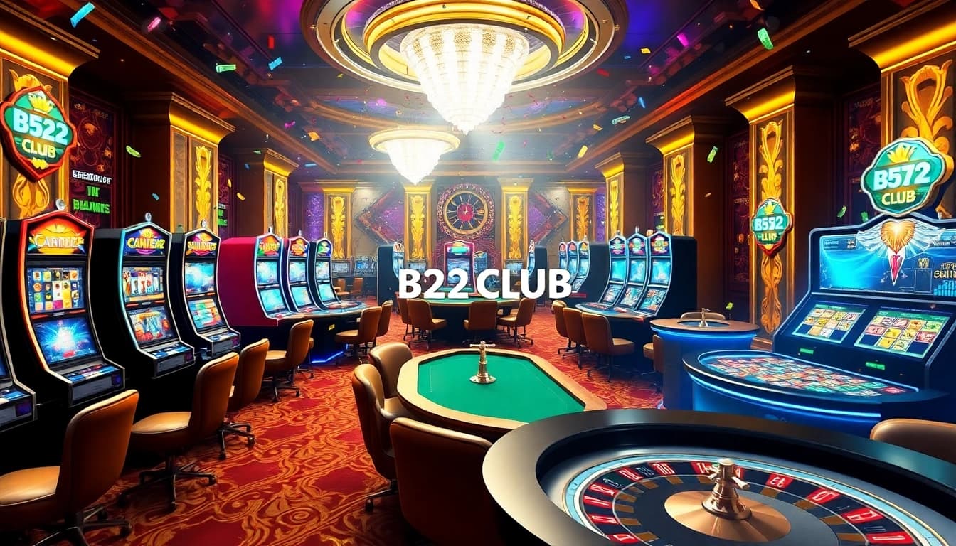 Players celebrating at B52 CLUB's vibrant online casino with slot machines and card tables.