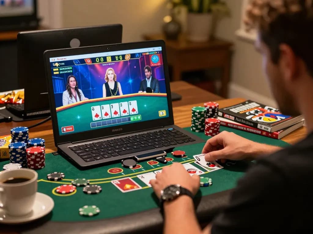 Player enjoying blackjack online gameplay on gatewayelex, displaying vibrant cards and strategic decisions in a cozy home setup