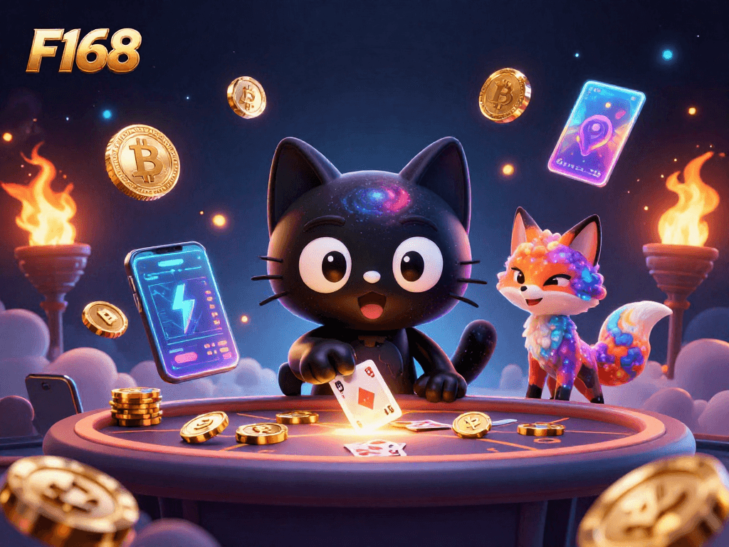 Experience F168's vibrant cosmic casino with a black hole cat pulling in golden chips and cards.