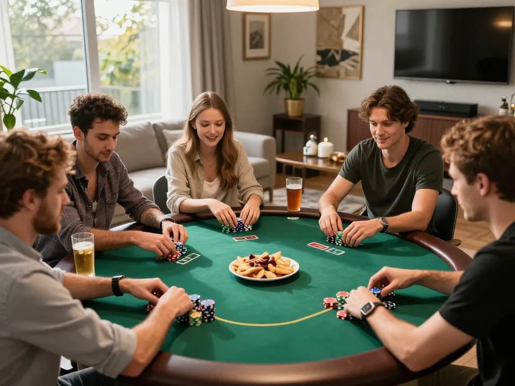 Exciting poker game night with friends at home featuring F8BET strategic gameplay and intense focus on cards