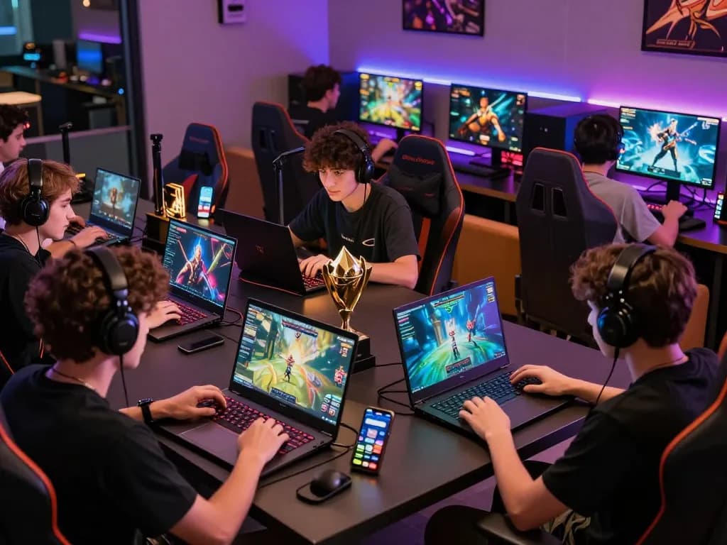 Players engaged in multiplayer games at https://qnk88.com/, showcasing excitement and community in a vibrant gaming lounge.