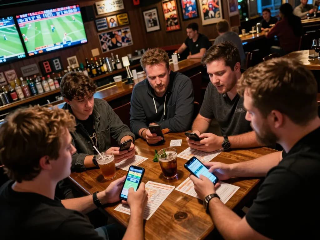 People placing bets on F168 sports events with excitement at a crowded bar, smartphones and drinks in hand.