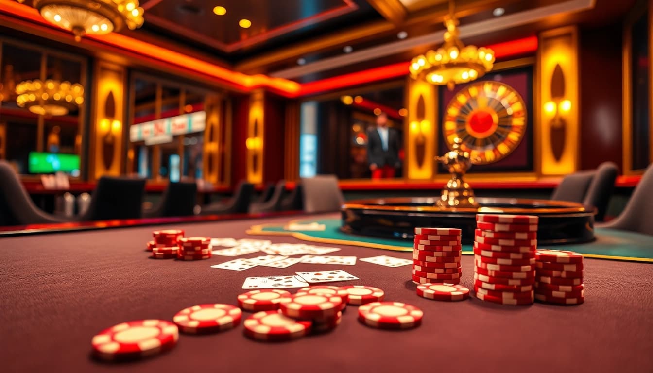 NK88 casino scene showcasing an exciting gambling atmosphere with poker chips and cards.