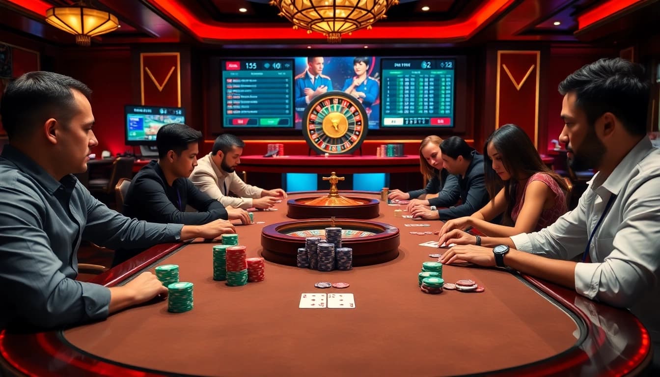 Experience the excitement of no hu strategy in a professional casino setting with engaged players and vibrant gambling elements.