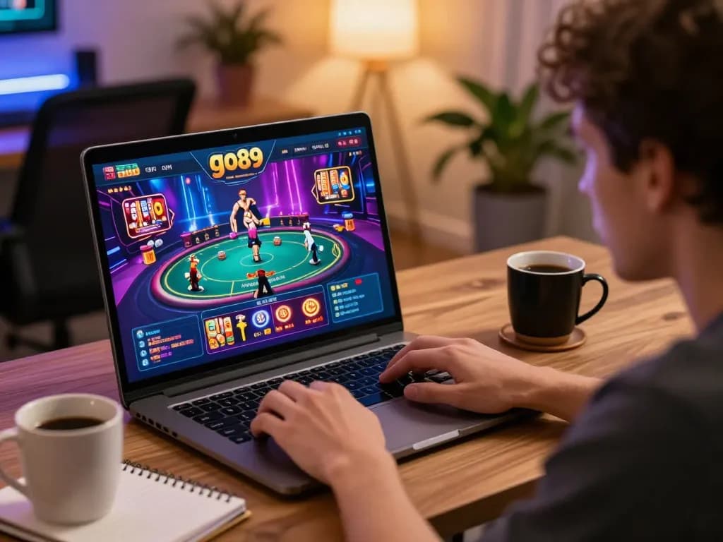 Engaging player at go89 online casino game with vibrant graphics and strategy notebook.