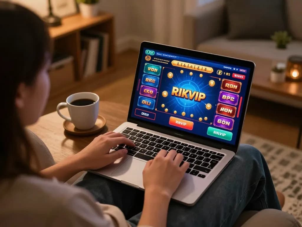 Player engaging in online gaming on RIKVIP from home, showcasing a colorful game interface.