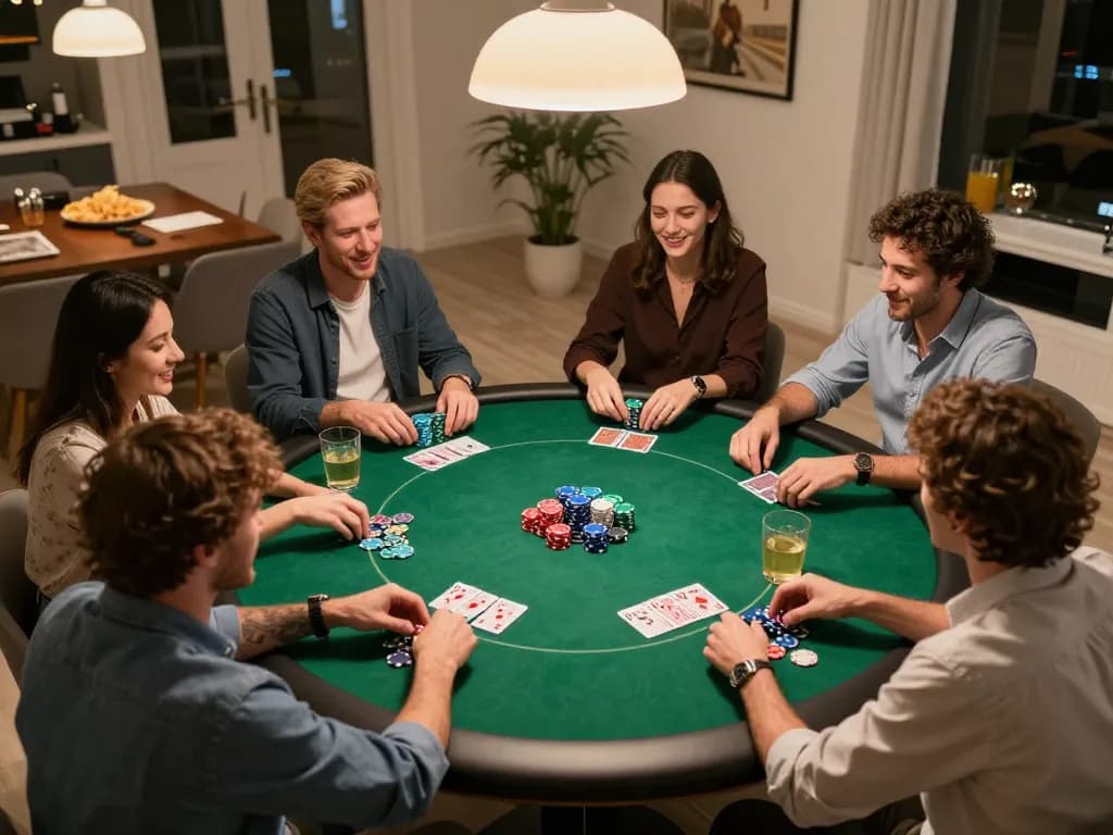 KJC poker night with friends playing strategically around a round table full of chips and cards