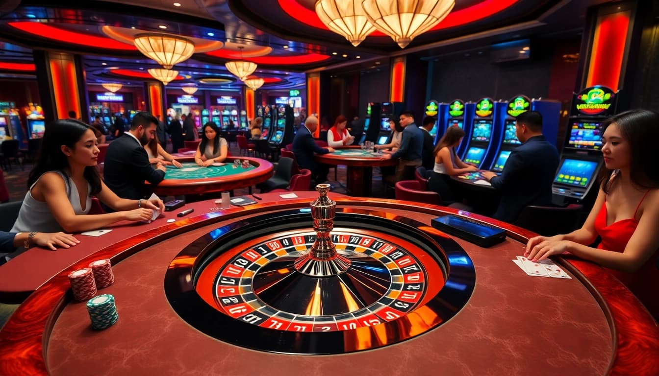 Experience the thrilling atmosphere of win55wc.com with dynamic casino games and players enjoying their bets.