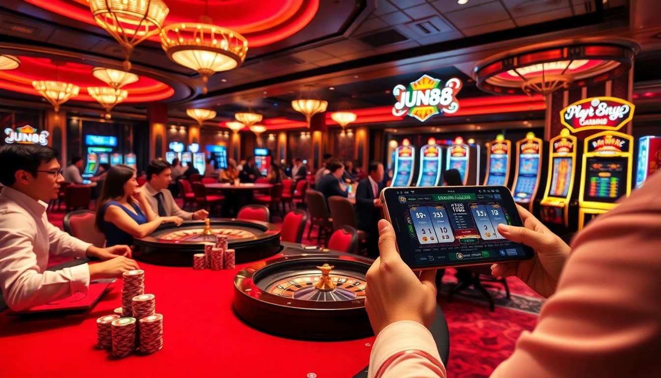 Players enjoying high-stakes games at Jun88 vip casino with roulette and slot machines.
