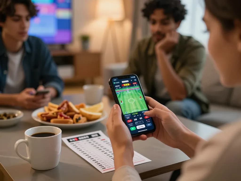 Pegadang terlibat menggunakan aplikasi kiu77 di smartphone untuk aksi taruhan olahraga langsung