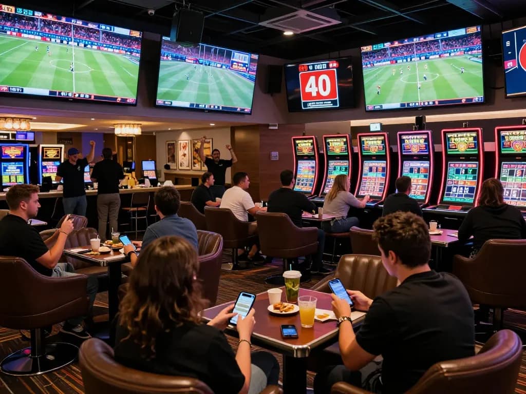 Fans engaging in sports betting excitement at tg88 casino lounge, vibrant screens and social atmosphere