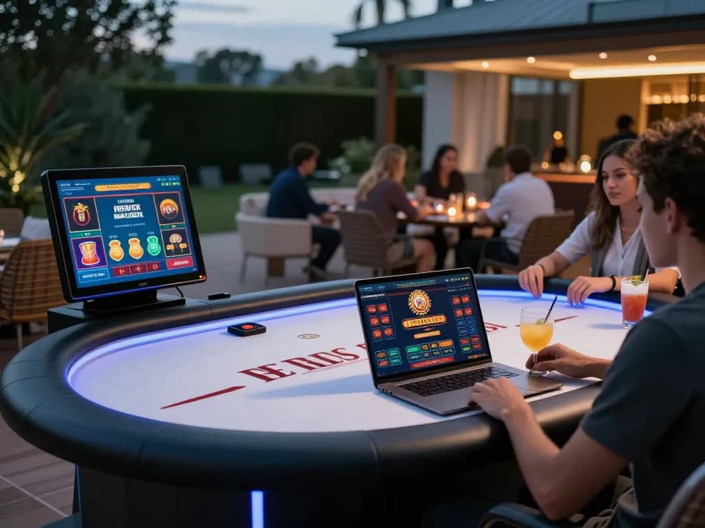 Bonus new member players engaging in live online casino gaming at a premium setup with vibrant ambiance.