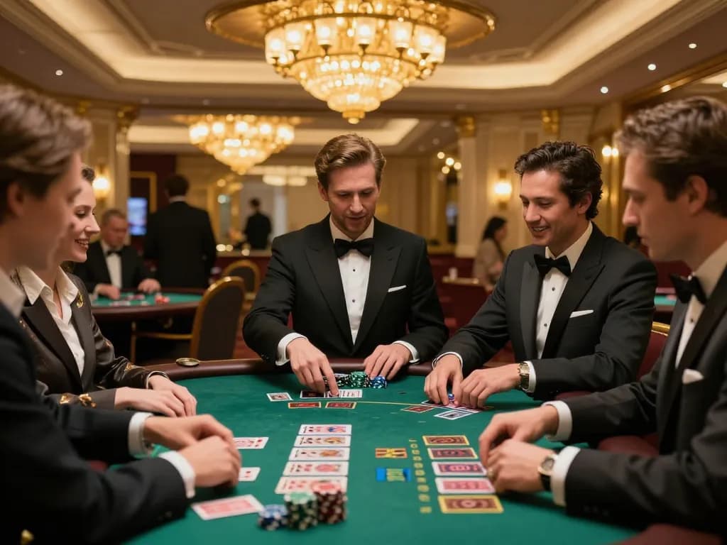 Experience the excitement of kdslot gameplay with players engaged in a strategic blackjack match in a luxury casino