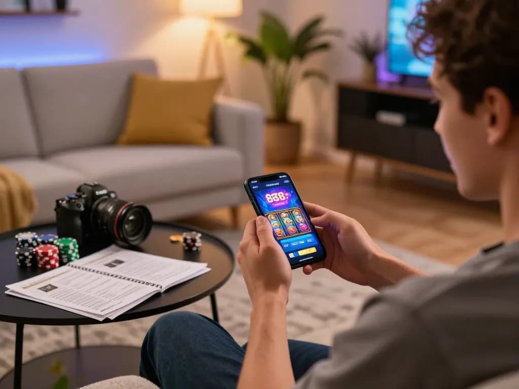 Player enjoying the 888newcasino mobile app in a cozy living room setting, displaying gameplay action.