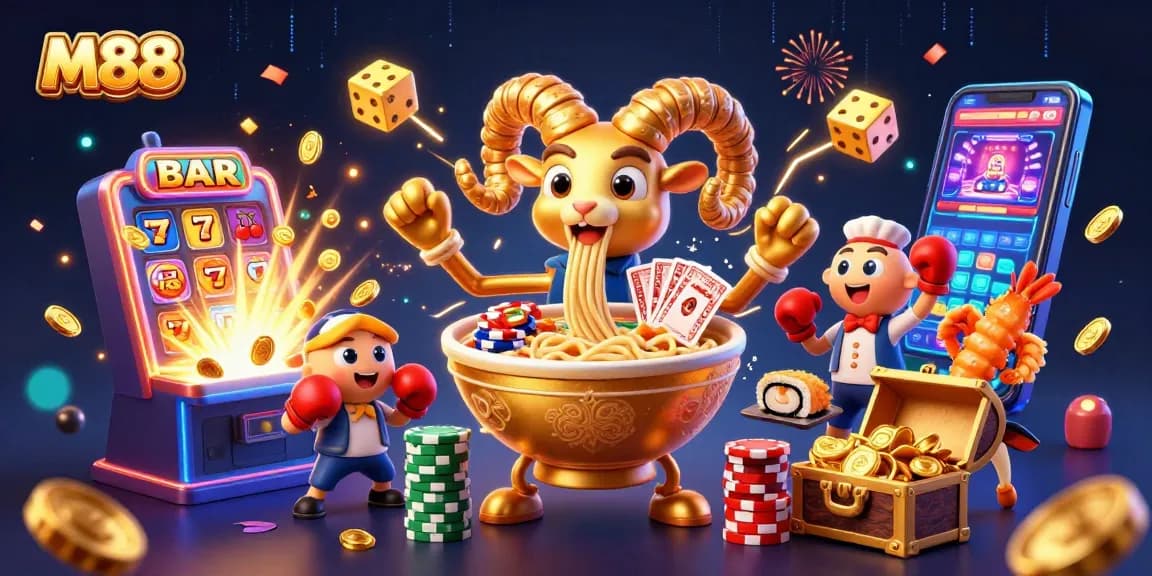 M88 offers vibrant casino fun with action-packed gold ramen characters, cards, and slots.