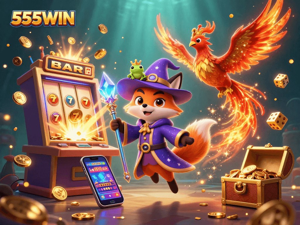 Experience the thrill of winning at 555WIN with a magical wizard fox and stunning jackpot illustrations.
