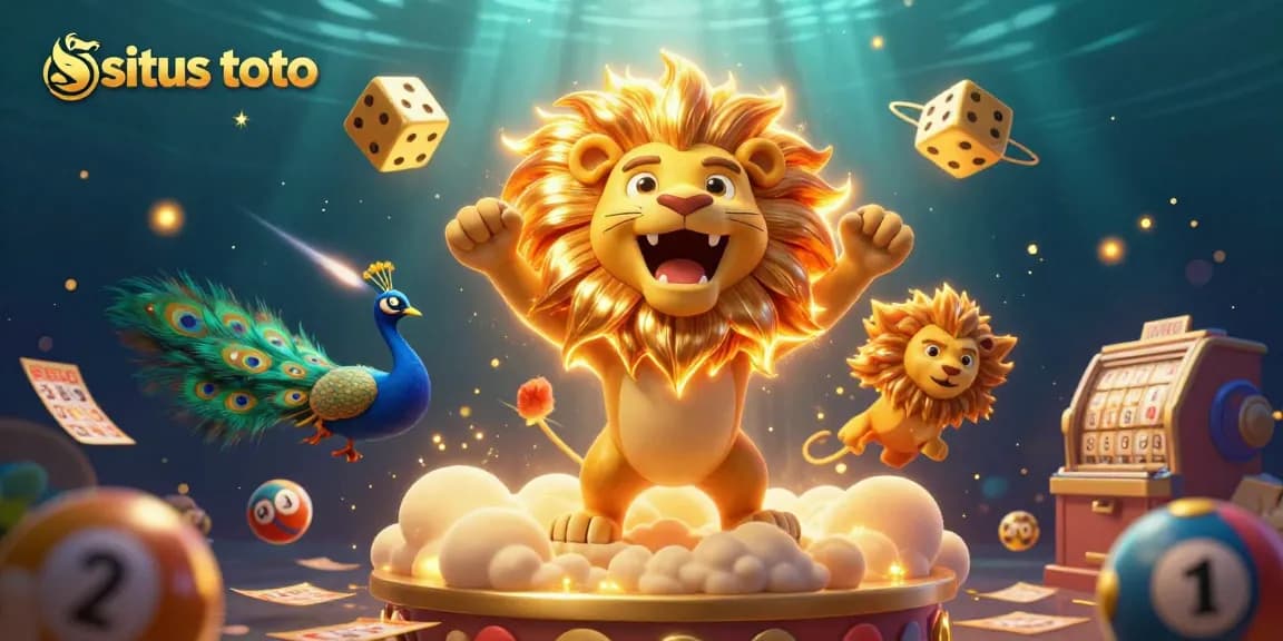 Situs toto lottery excitement with a roaring sun lion, golden dice, and vibrant lottery elements