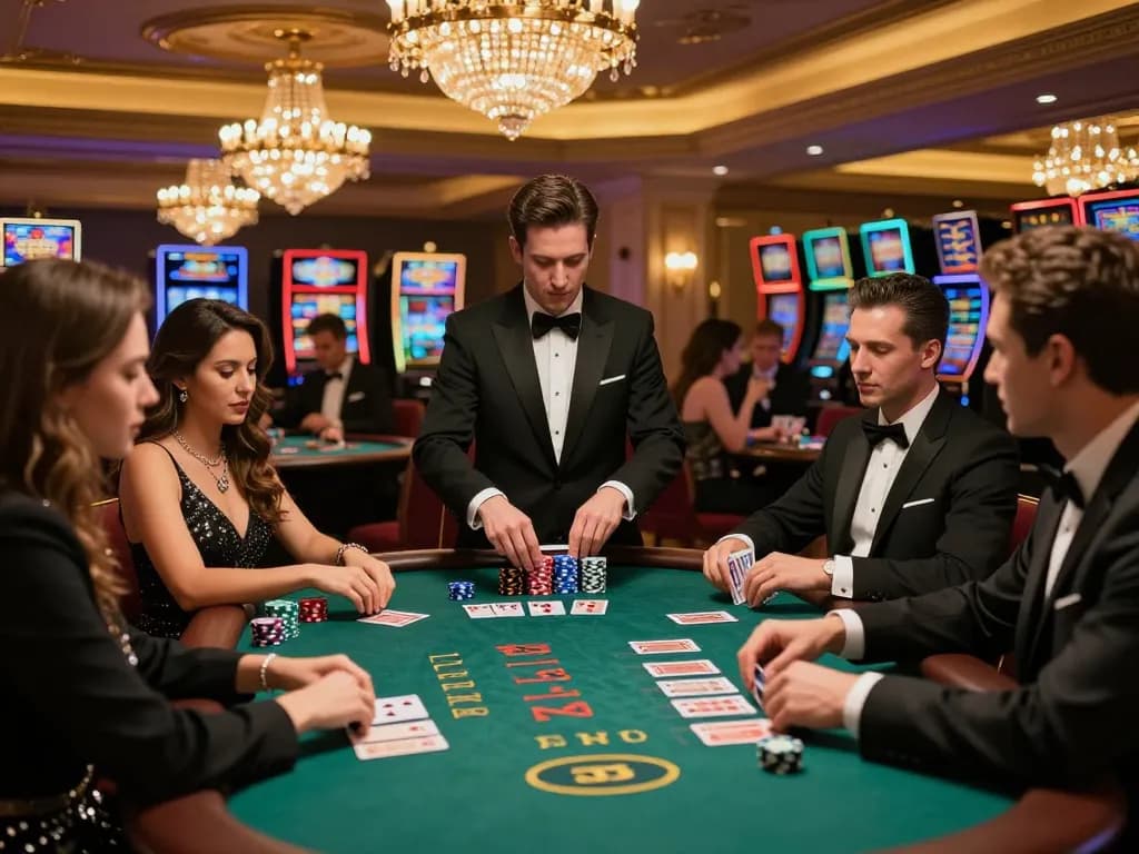 uu88 players strategizing at a bustling blackjack table, enhancing their casino experience.