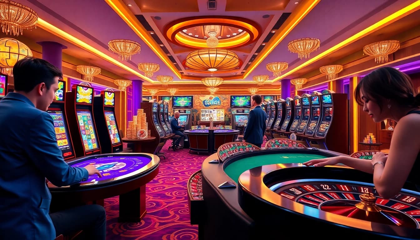 Players enjoying games at s8cz.com, engaging with vibrant slot machines and poker tables.