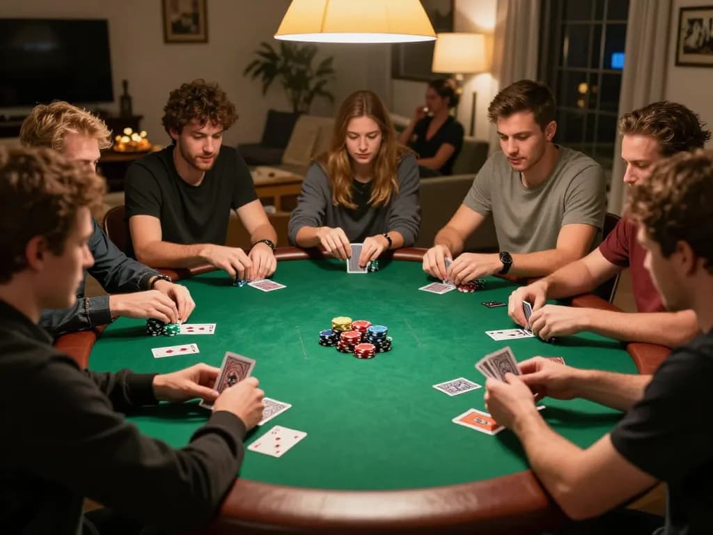 Players enjoying an engaging poker game at home while using 98win strategies for better odds.
