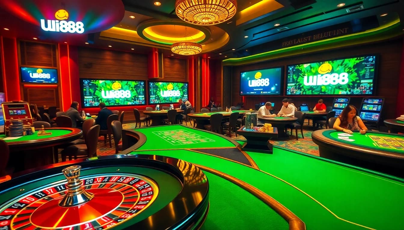 Experience the thrill of uu88 at a vibrant casino with players, roulette, and poker games.