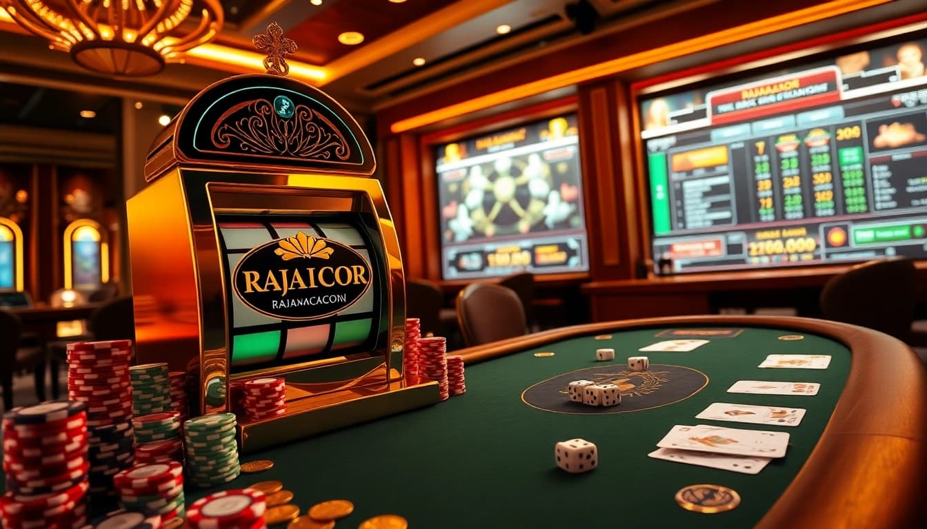 RAJAGACOR slot machine and poker table in a luxurious casino setting filled with vibrant betting elements.