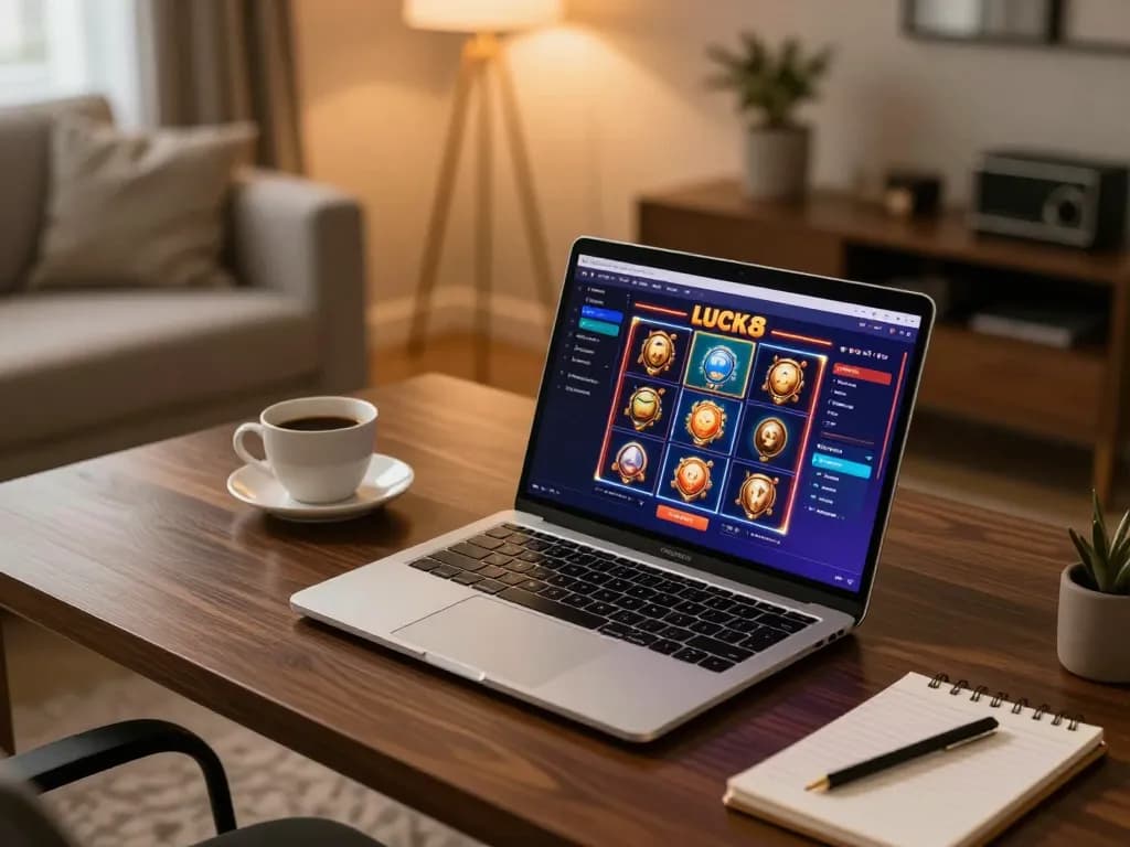 Cảnh chơi game trực tuyến hấp dẫn với giao diện máy đánh bạc LUCK8 trên laptop và những ghi chú chiến lược bên cạnh.