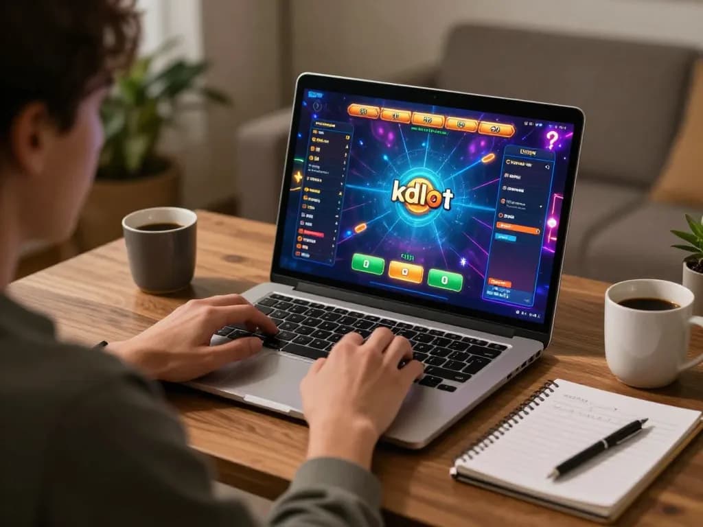 Engaging moment of playing kdslot on laptop in a modern home setting.