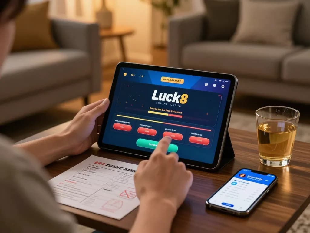 Engaged user exploring Luck8 casino app on tablet in cozy home setup, promoting responsible gambling.