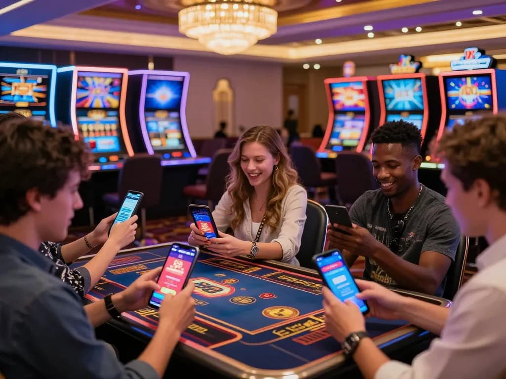 Exciting gaming atmosphere at sc88 trang chủ where diverse players enjoy mobile gambling experiences surrounded by vibrant casino decor.