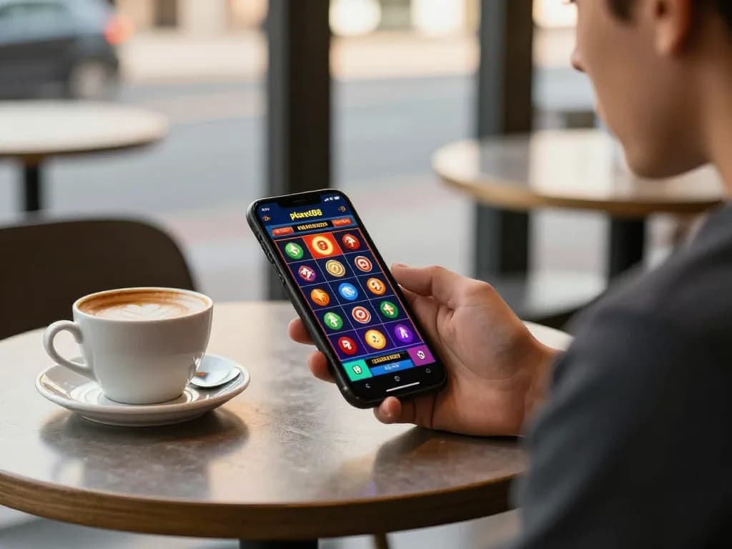 Player enjoying planet88 slot on smartphone at café table with vibrant graphics.