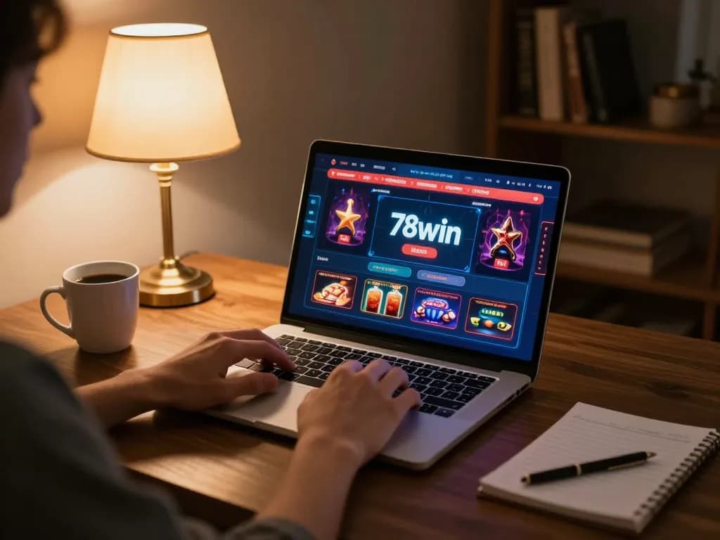 Engaging scene of a person enjoying 78win online gambling at a stylish workspace.