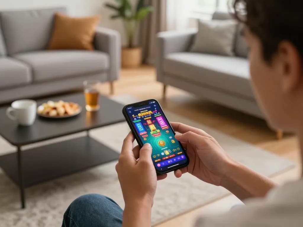 Player engaging with nk88 casino app on smartphone in a cozy living room