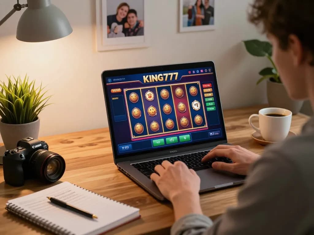 Pemain terlibat dengan antarmuka casino online KING777, menyoroti pengalaman bermain yang penuh warna.