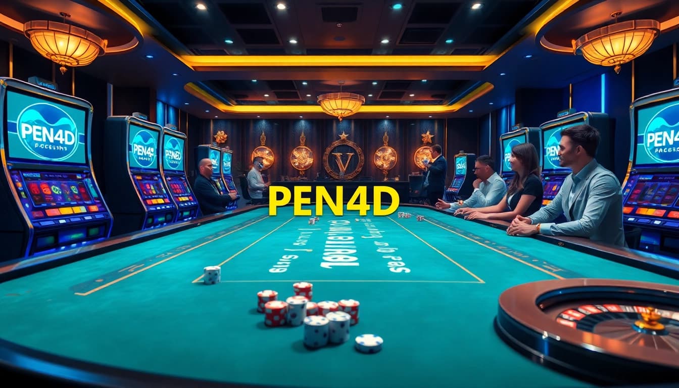 PEN4D slot machine excitement showcased in a vibrant casino with poker chips and cards.