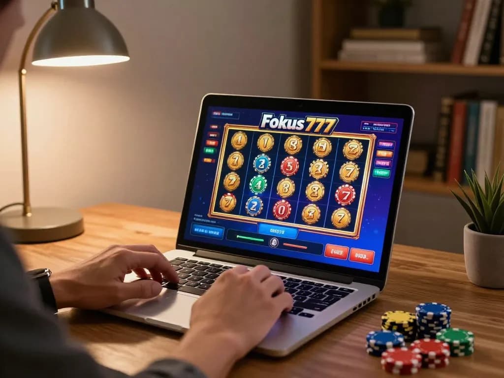 Engaging with Fokus777 slot game on laptop in a stylish home gaming setup.