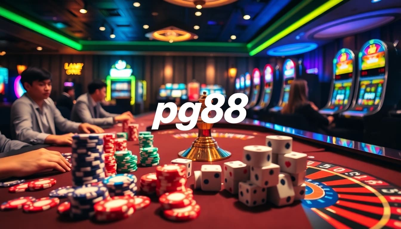 Exciting gambling scene featuring pg88 poker chips and roulette wheels in a luxury casino.