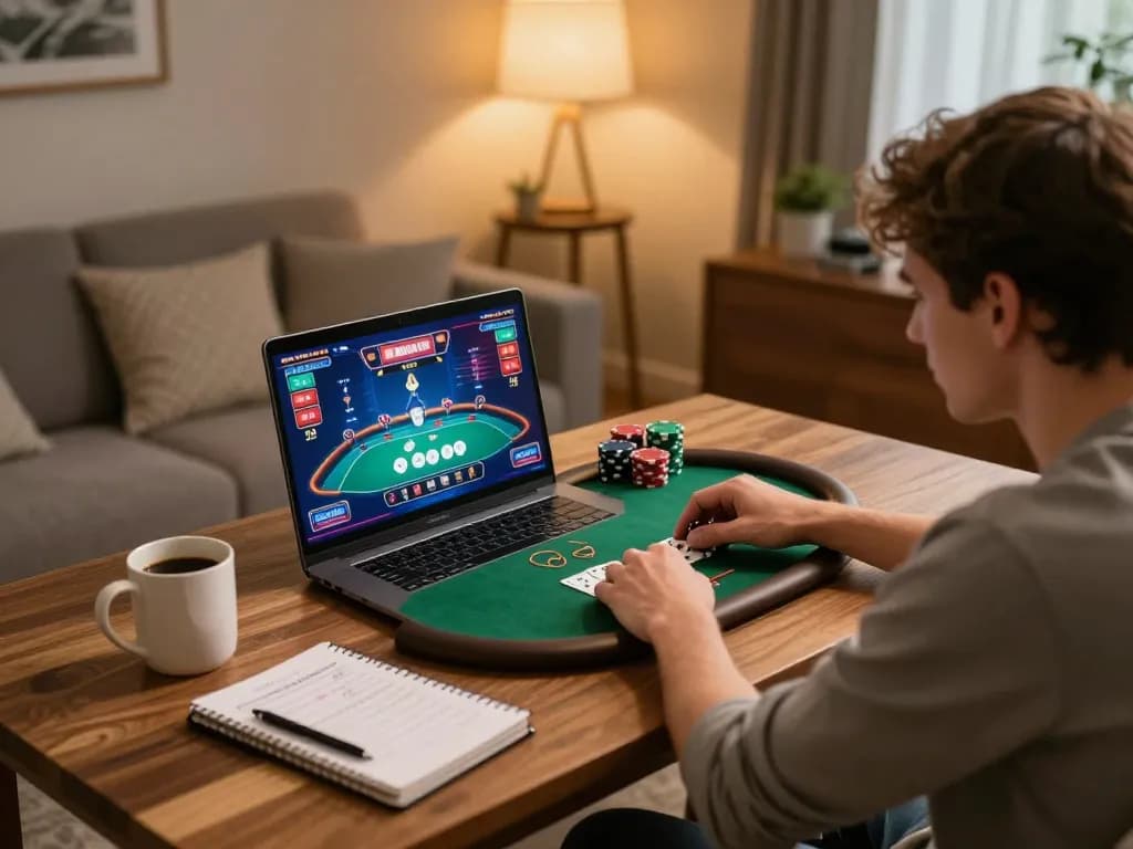 Player engaged in online casino poker game at home, emphasizing strategic gameplay and comfortable atmosphere.