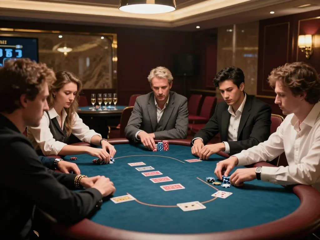 Players strategizing at the MM99 poker table in a luxurious VIP room, enhancing the gambling experience.