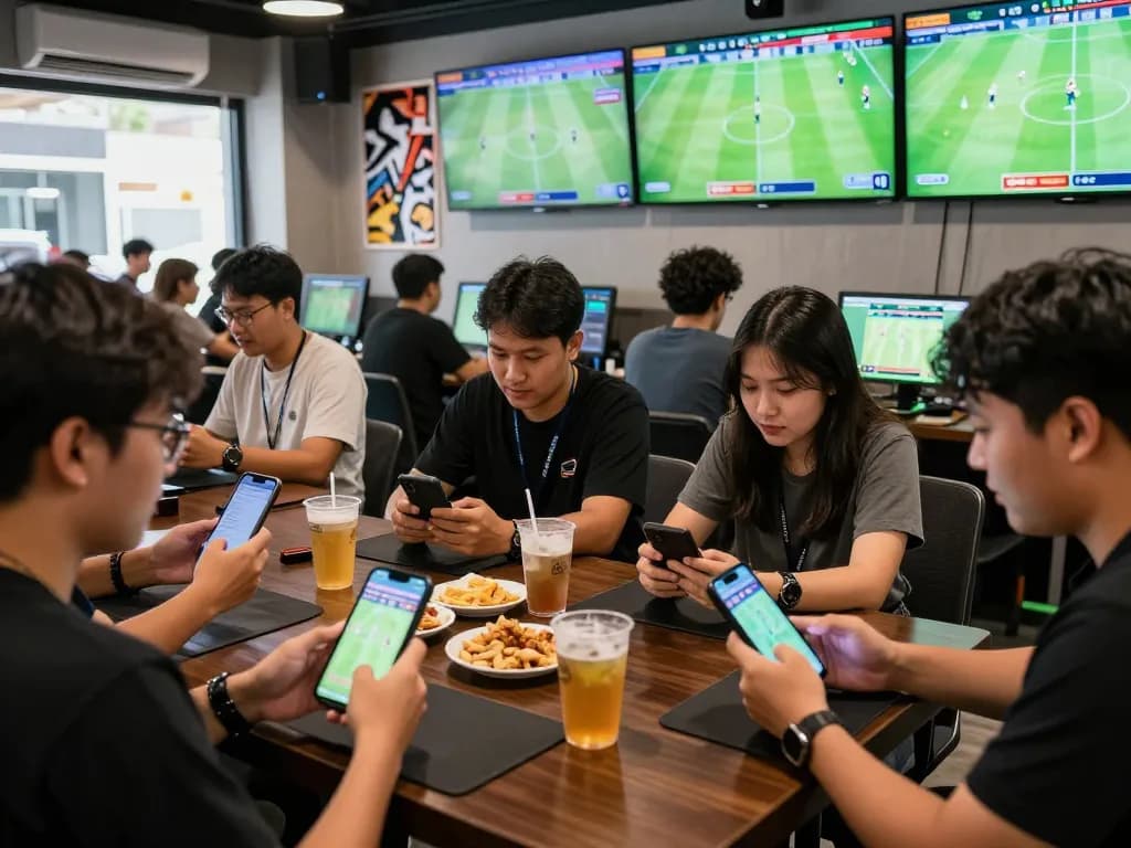 Friends enjoying Judi Bola in a lively betting space, capturing excitement and anticipation.