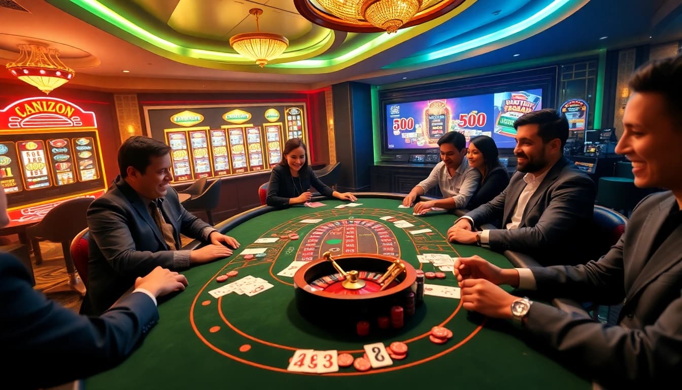Players enjoying an exciting round at U31 casino baccarat table with colorful chips and cards.
