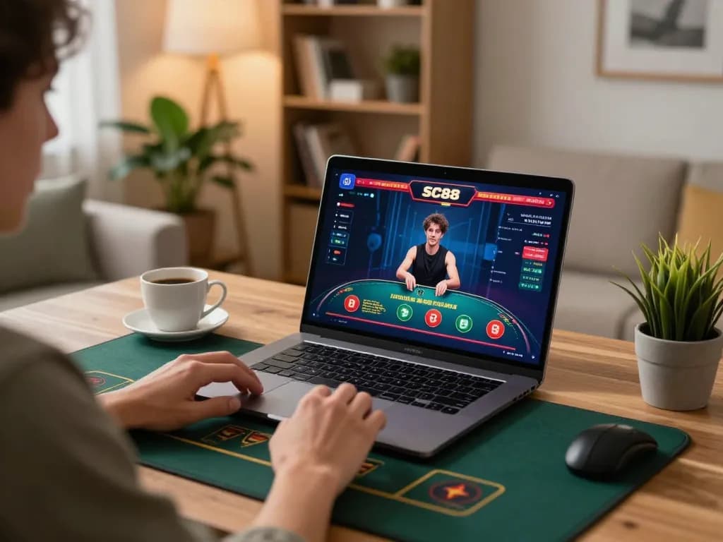 Engaging in online gaming at https://sc88.games/ showcasing a live dealer game on laptop in a cozy home.