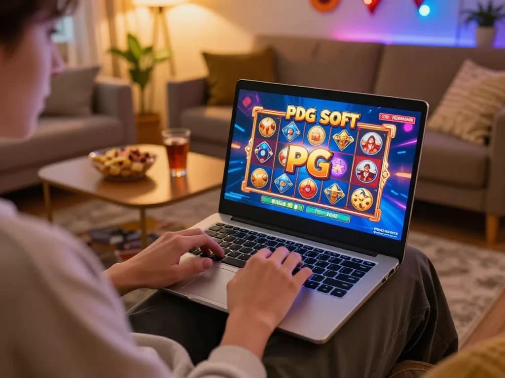Bermain Demo Slot PG Soft di laptop, menangkap keseruan sesi permainan kasino online.